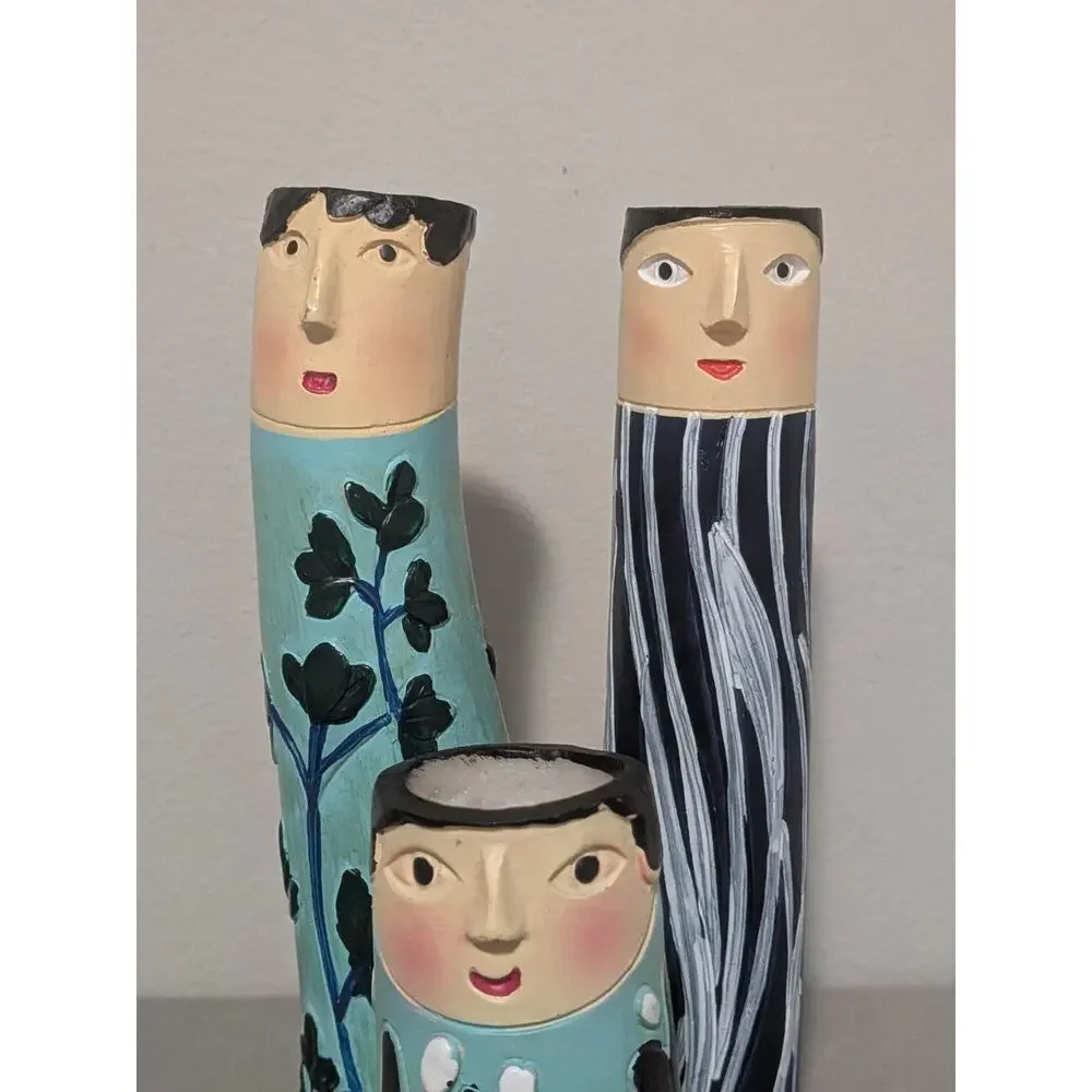 Set of 3 Bohemian Spring Family Resin Face Bud Vases Whimsical Boho Decor